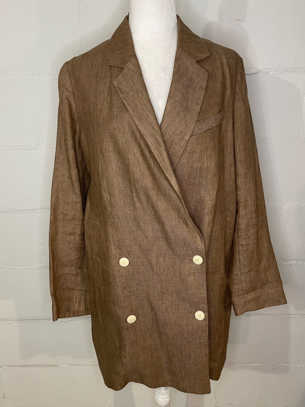 Zara Brown Double-Breasted Linen Blazer with Cream Buttons